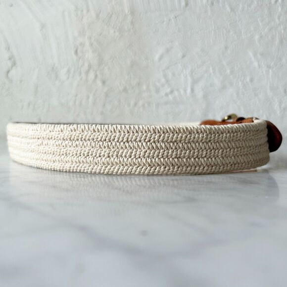 Vintage 90s Lands' End Brown Leather Belt Woven Cotton Off-White-Women's Size 30 - Picture 3 of 8